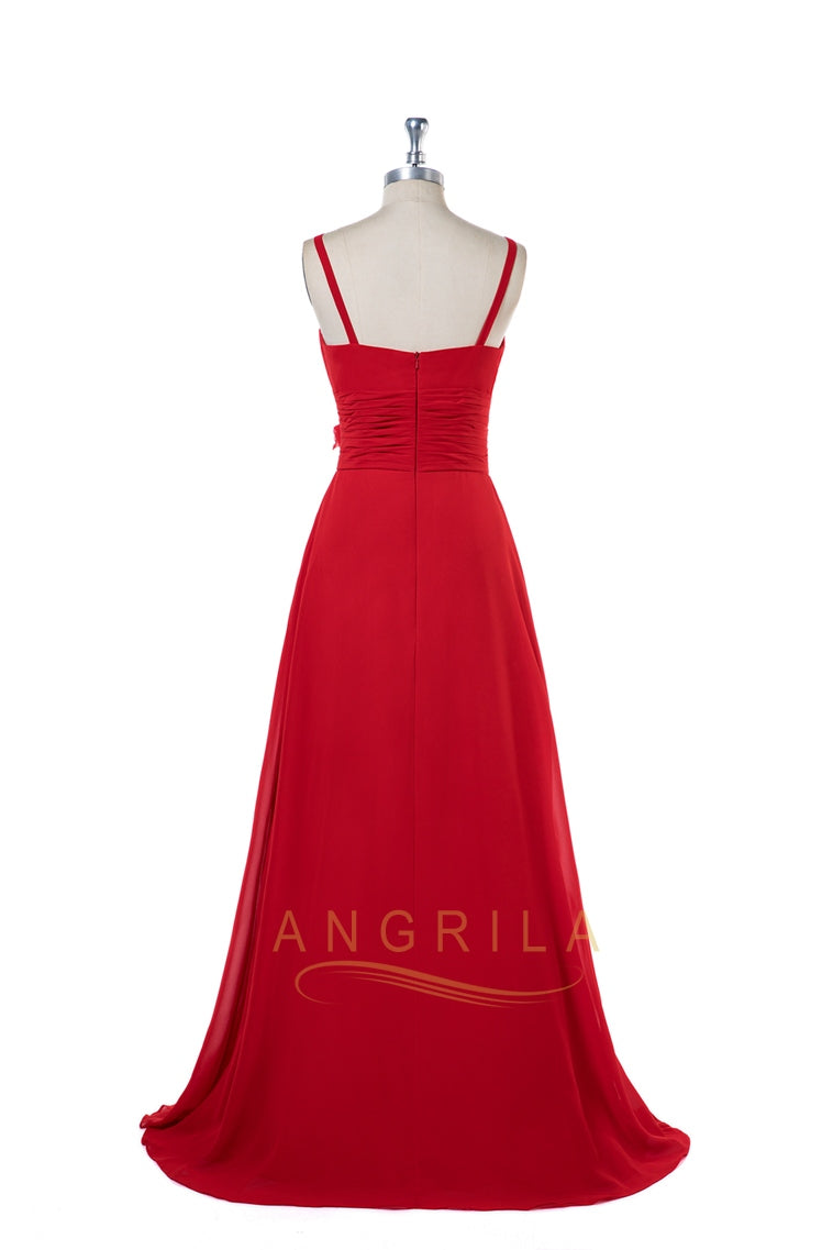 V-Neck Chiffon A-Line Prom Dress with Floral Waist Detail
