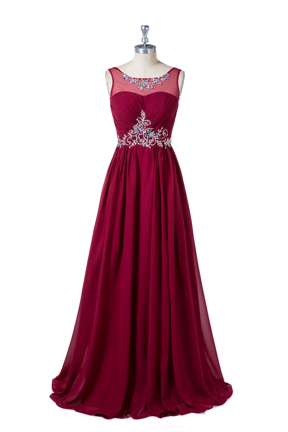 Lace-Up Illusion-Neck Chiffon A-Line Evening Gown