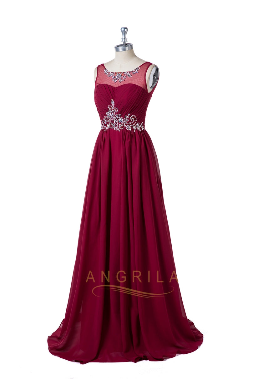 Lace-Up Illusion-Neck Chiffon A-Line Evening Gown