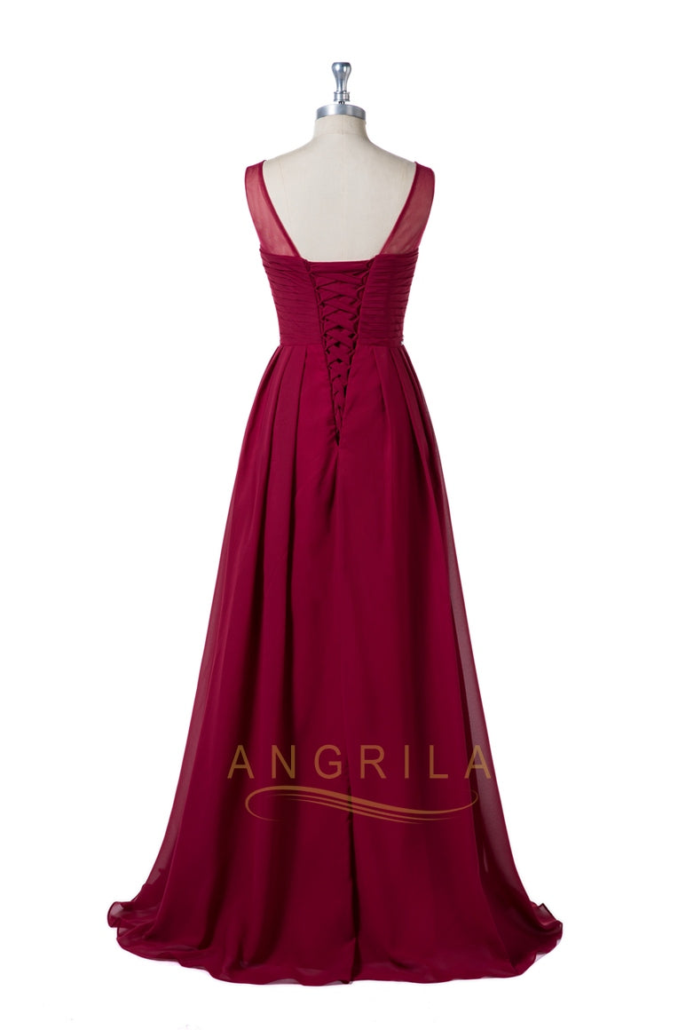 Lace-Up Illusion-Neck Chiffon A-Line Evening Gown