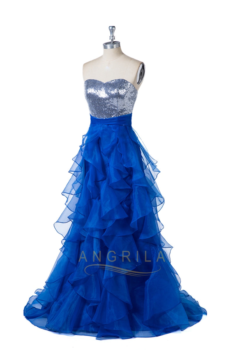 Strapless Sequin and Tulle Ball Gown Prom Dress with Ruffles