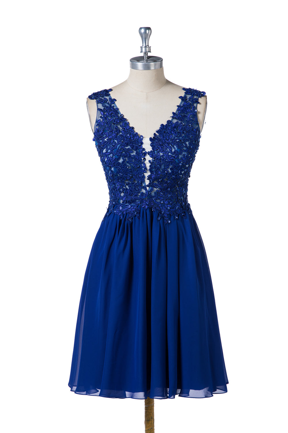 Plunging Low-Back Lace and Chiffon A-Line Short Cocktail Dress