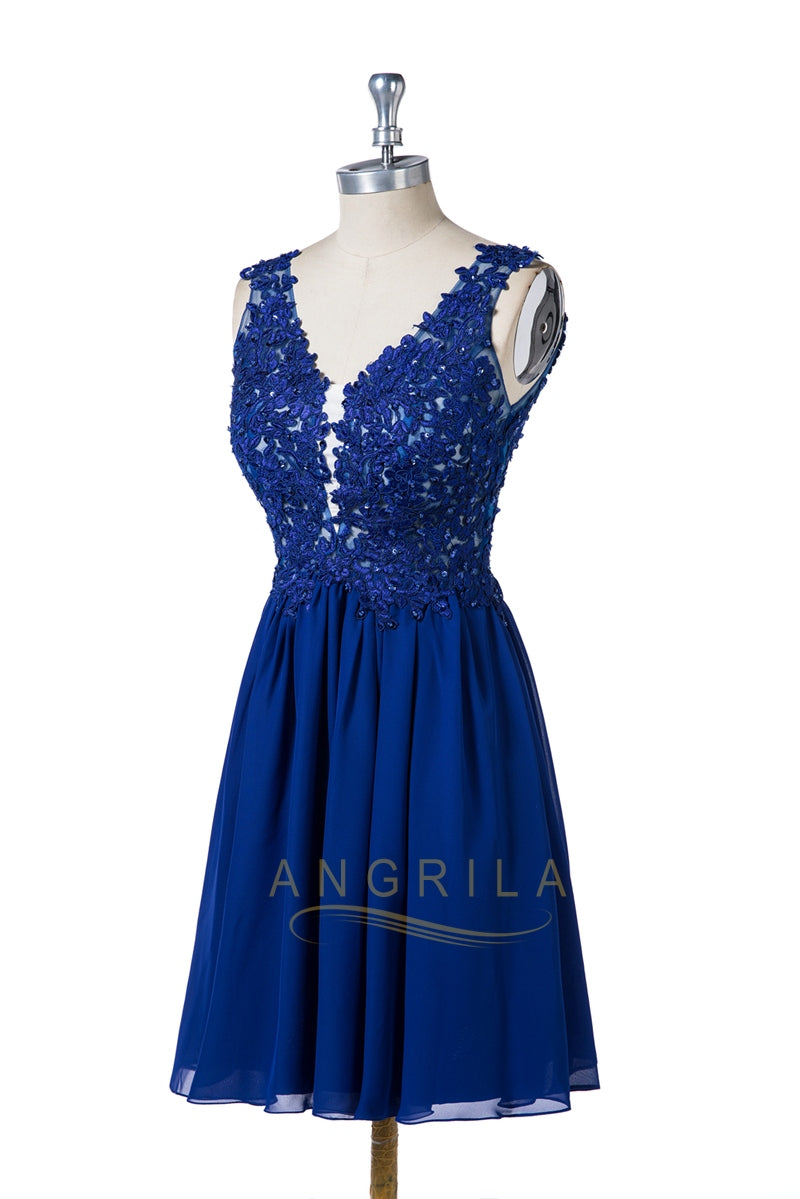 Plunging Low-Back Lace and Chiffon A-Line Short Cocktail Dress
