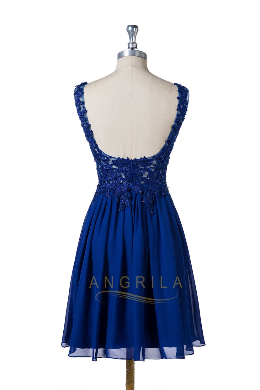 Plunging Low-Back Lace and Chiffon A-Line Short Cocktail Dress