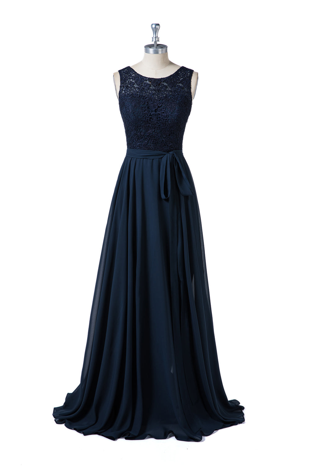Sheer-Back Lace and Chiffon A-Line Bridesmaid Dress with Bow Sash