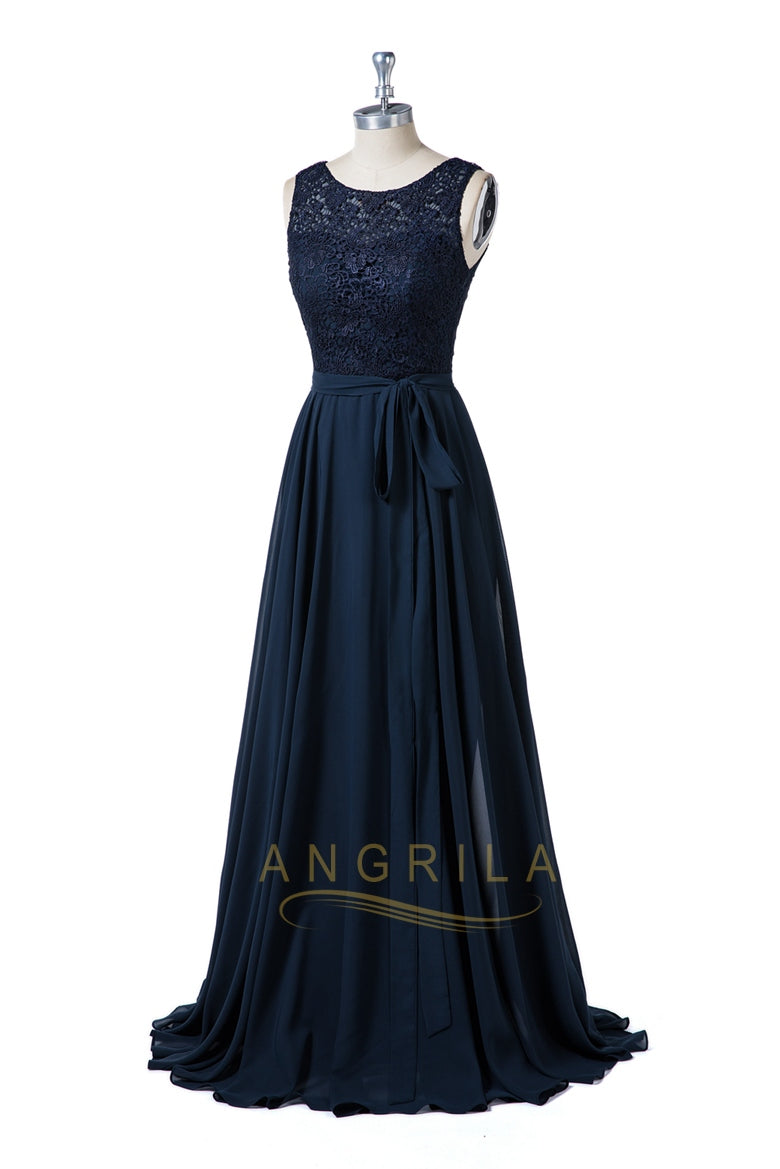 Sheer-Back Lace and Chiffon A-Line Bridesmaid Dress with Bow Sash
