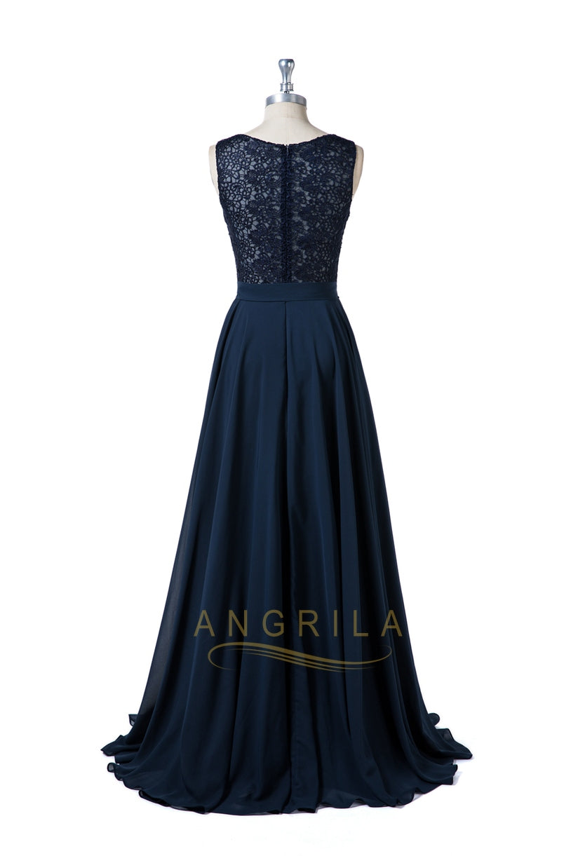 Sheer-Back Lace and Chiffon A-Line Bridesmaid Dress with Bow Sash