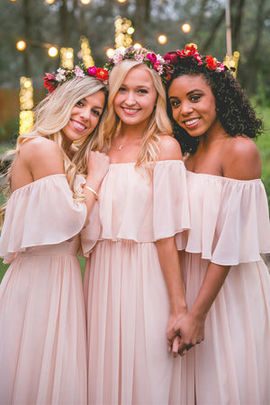 Off-the-Shoulder Chiffon Column Bridesmaid Dress with Ruffle