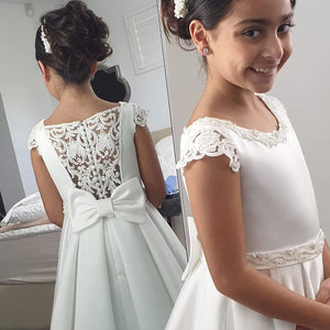 Princess Satin Tea Length Flower Girl Dress With Back Lace design