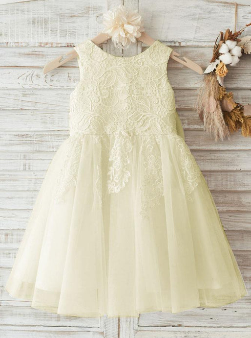 A-line Scoop Neckline Sleeveless Tulle Skirt Lace Top Flower Girl Dress With Back Bow