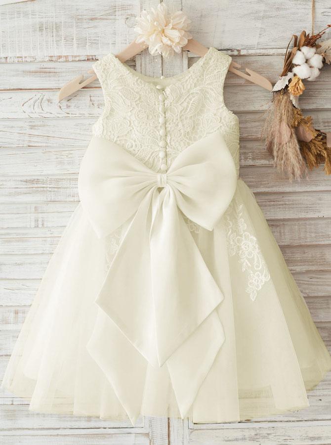 Bow-Back Lace and Tulle A-Line Tea-Length Flower Girl Dress