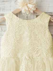 A-line Scoop Neckline Sleeveless Tulle Skirt Lace Top Flower Girl Dress With Back Bow