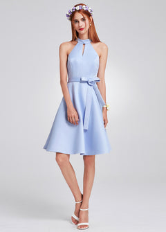 Short Keyhole Halter Satin A-Line Cocktail Dress with Bow