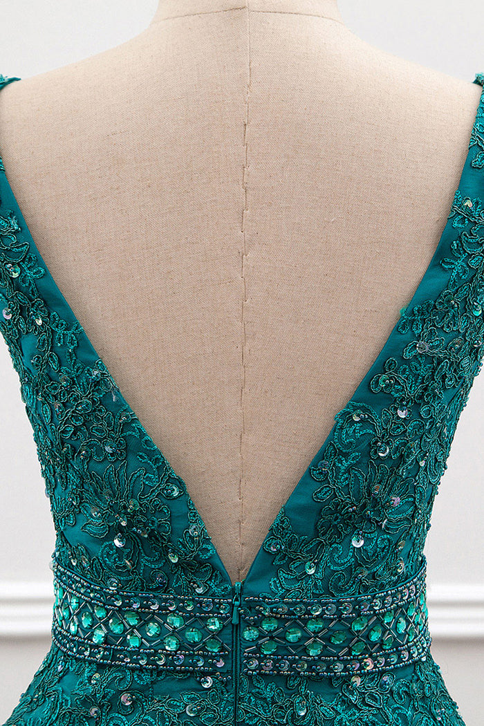 Beaded Plunging Stretch Satin Mermaid Evening Gown