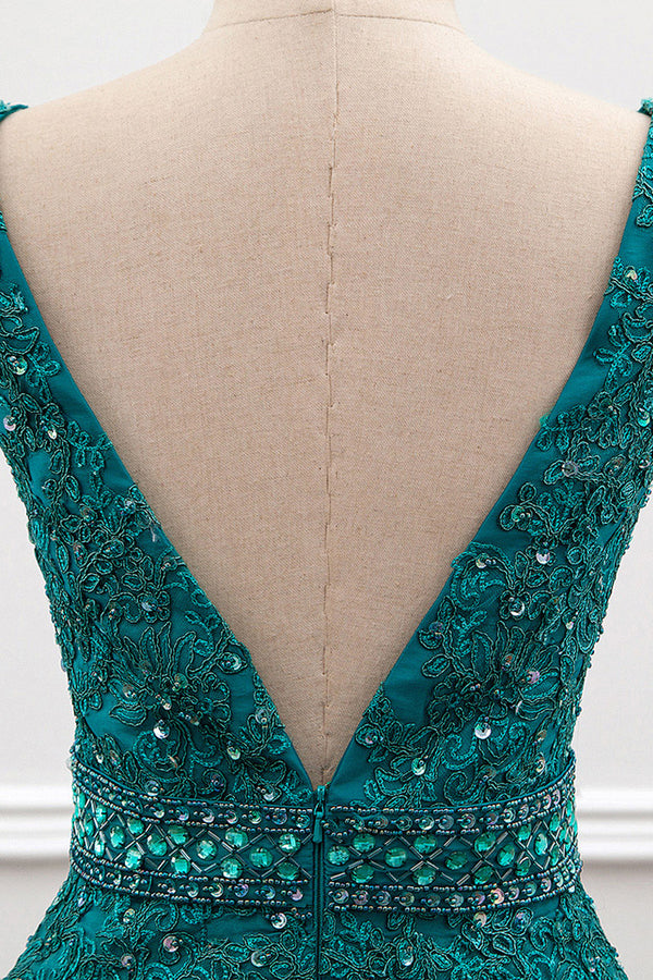 Beaded Plunging Stretch Satin Mermaid Evening Gown