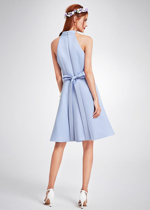Short Keyhole Halter Satin A-Line Cocktail Dress with Bow