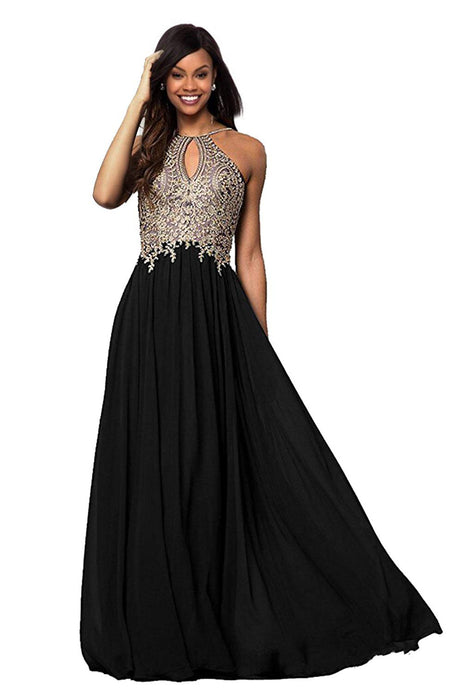 Halter Gold Applique Prom Dresses Evening Formal Gowns