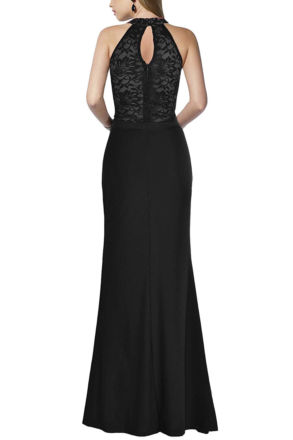 Keyhole-Back Halter Lace and Chiffon Sheath Evening Dress with Slit