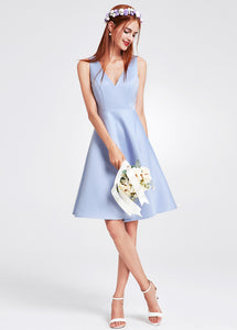 Blue V-neck Bridesmaid Dress