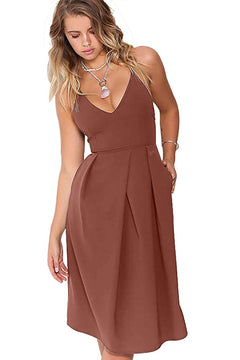 Terracotta Crisscross-Back Pleated Stretch Satin Cocktail Dress with Pockets