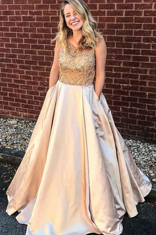 Gorgeous A-Line Scoop Satin Prom Dresses with Beading – Angrila