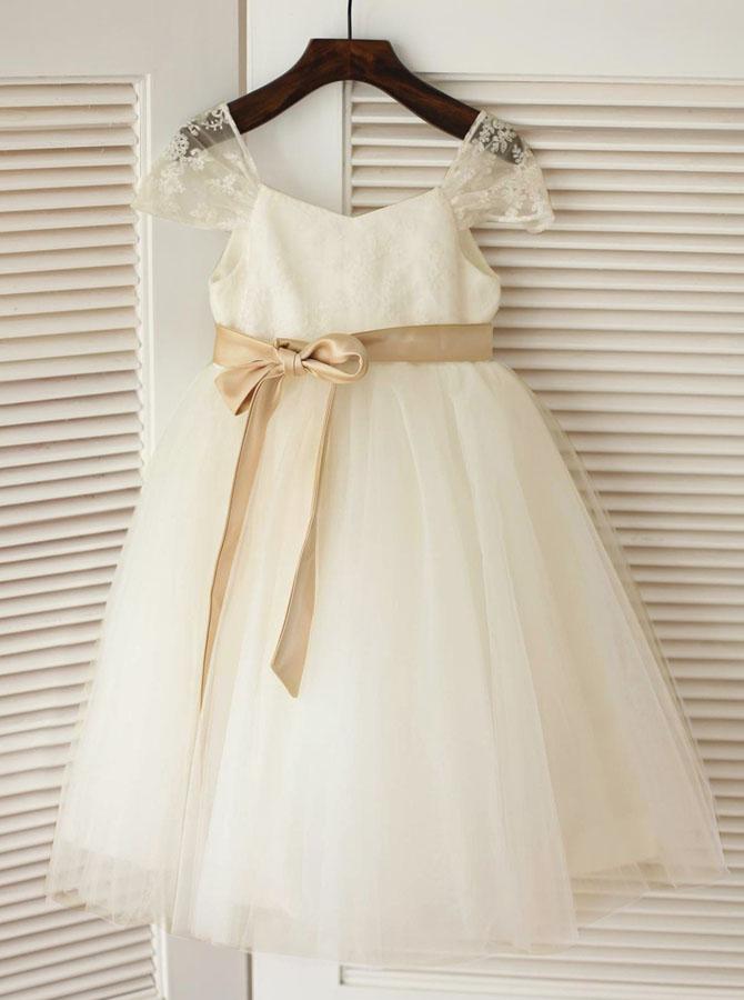 Tea-Length Lace and Tulle Flower Girl Dress with Cap Sleeves
