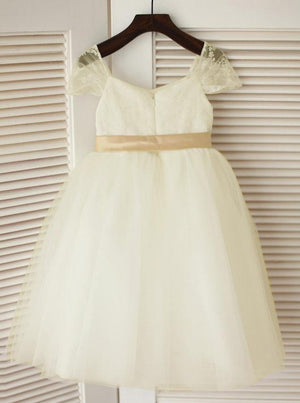 Ivory-Champagne Tea-Length Lace and Tulle Flower Girl Dress with Cap Sleeves