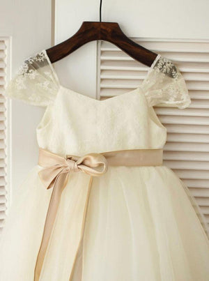 Ivory-Champagne Tea-Length Lace and Tulle Flower Girl Dress with Cap Sleeves