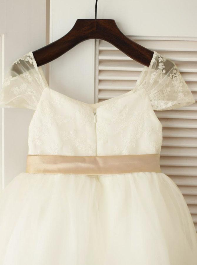 Tea-Length Lace and Tulle Flower Girl Dress with Cap Sleeves
