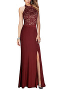 Burgundy Keyhole-Back Halter Lace and Chiffon Sheath Evening Dress with Slit