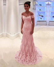 A-line/Princess Off-the-Shoulder Sweep Train Lace Prom Dresses