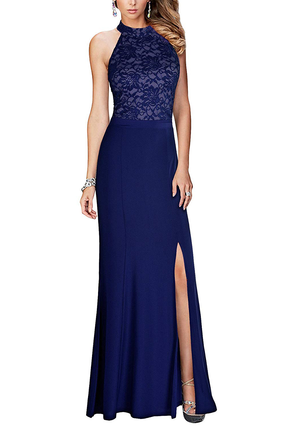 Keyhole-Back Halter Lace and Chiffon Sheath Evening Dress with Slit