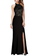 Black Keyhole-Back Halter Lace and Chiffon Sheath Evening Dress with Slit