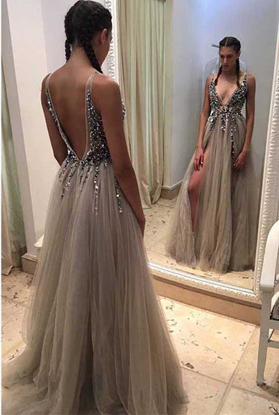 Princess V-Neck Tulle Beading Backless Prom Dresses Secondary image