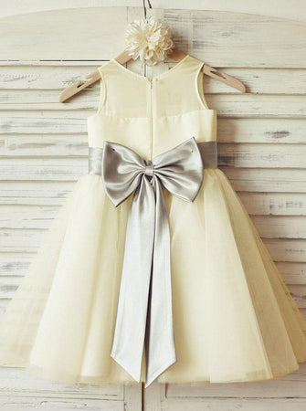 A-line Scoop Neckline Sleeveless Tulle Skirt Flower Girl Dress With Big Satin Bow
