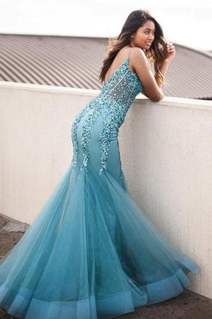 Sexy Mermaid Spaghetti Straps Turquoise Prom Dresses with Appliques Sequins