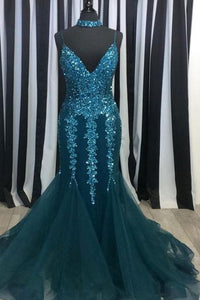 Sexy Mermaid Spaghetti Straps Turquoise Prom Dresses with Appliques Se ...