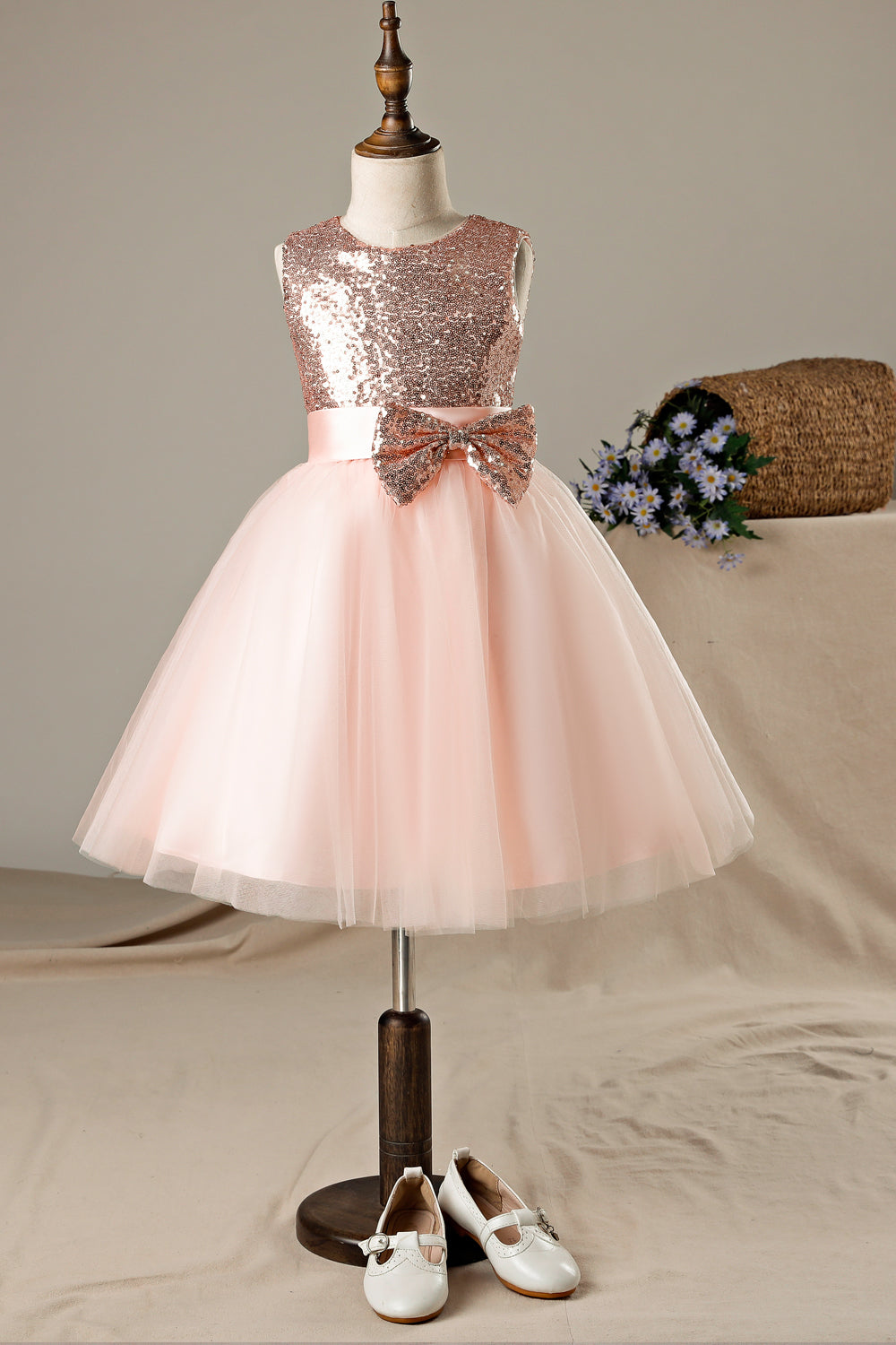Bow-Waist Sequin and Tulle A-Line Tea-Length Flower Girl Dress