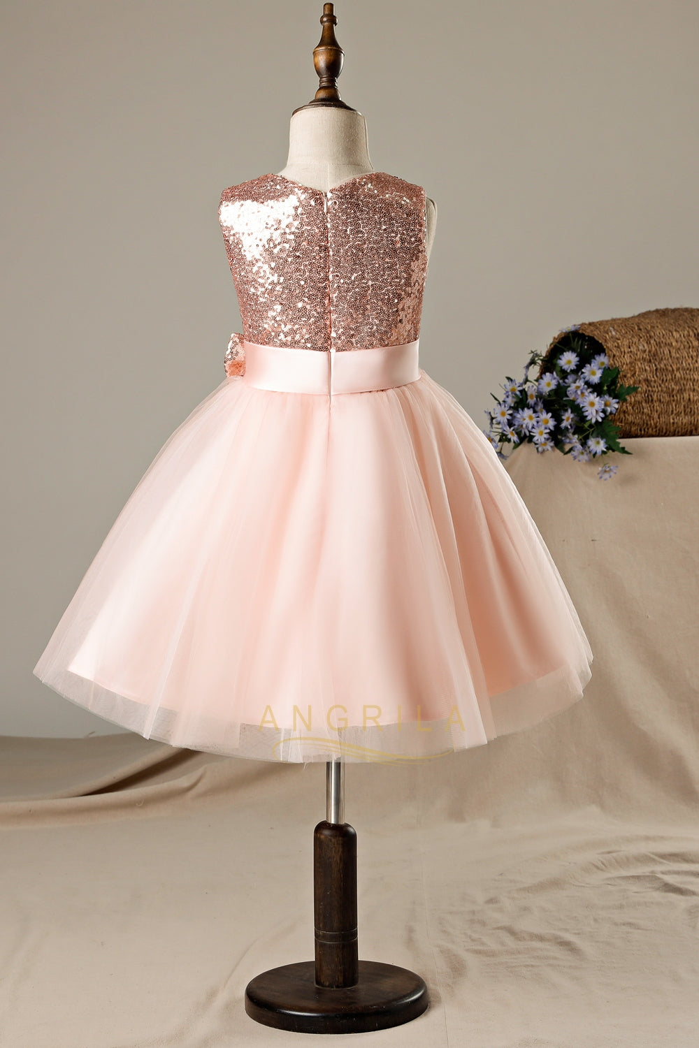 Bow-Waist Sequin and Tulle A-Line Tea-Length Flower Girl Dress