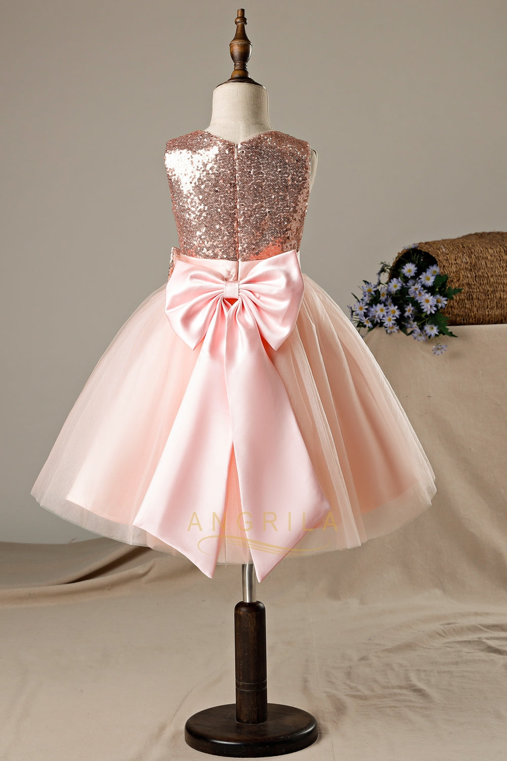 Bow-Waist Sequin and Tulle A-Line Tea-Length Flower Girl Dress