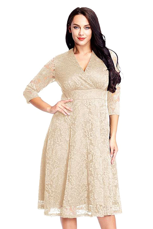 Short 3/4-Sleeve V-Neck Lace A-Line Mother of the Bride Dress
