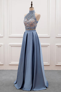 A-line/Princess Lace & Satin Halter Cut-out Back Prom Dress