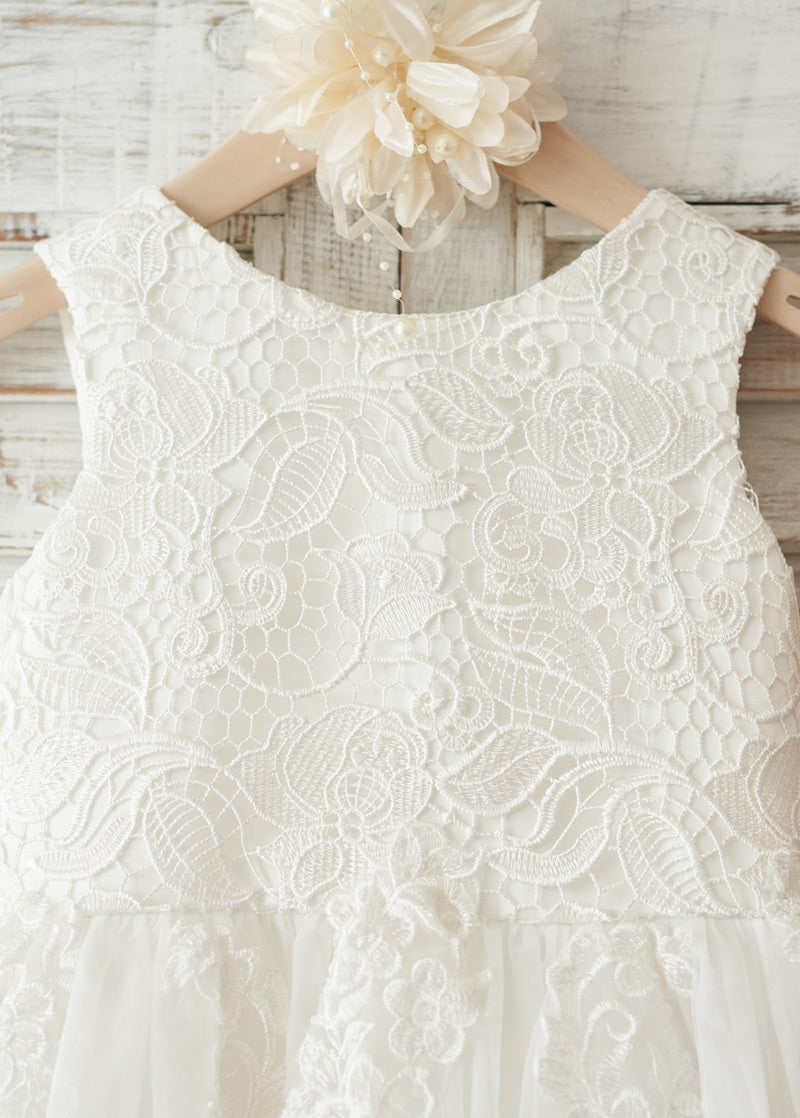 Bow-Back Lace and Tulle A-Line Tea-Length Flower Girl Dress