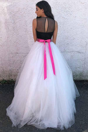 Colored A-line/Princess Illusion Tulle & Satin Sleeveless Prom Dresses