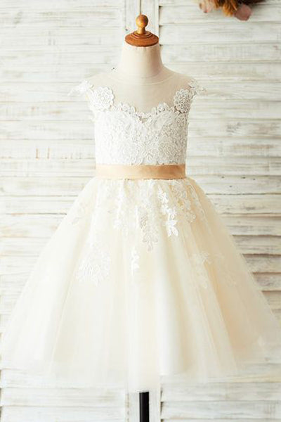 Tea-Length Lace-Applique Tulle Flower Girl Dress with V-Back