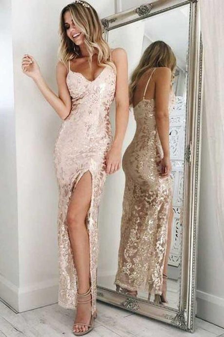 Mermaid Spaghetti Straps Pearl Pink Sequined Split Prom Dresses