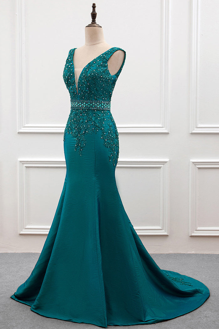 Beaded Plunging Stretch Satin Mermaid Evening Gown