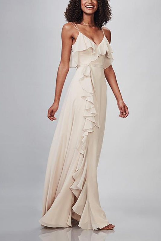 A-Line V-Neck Double Spaghetti Strap Side Split Long Prom Dresses Main image