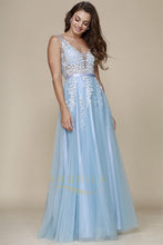 A-Line V-Neck Tulle & Lace Long Formal Prom Dresses