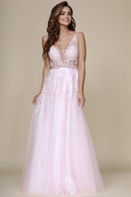 A-Line V-Neck Tulle & Lace Long Formal Prom Dresses